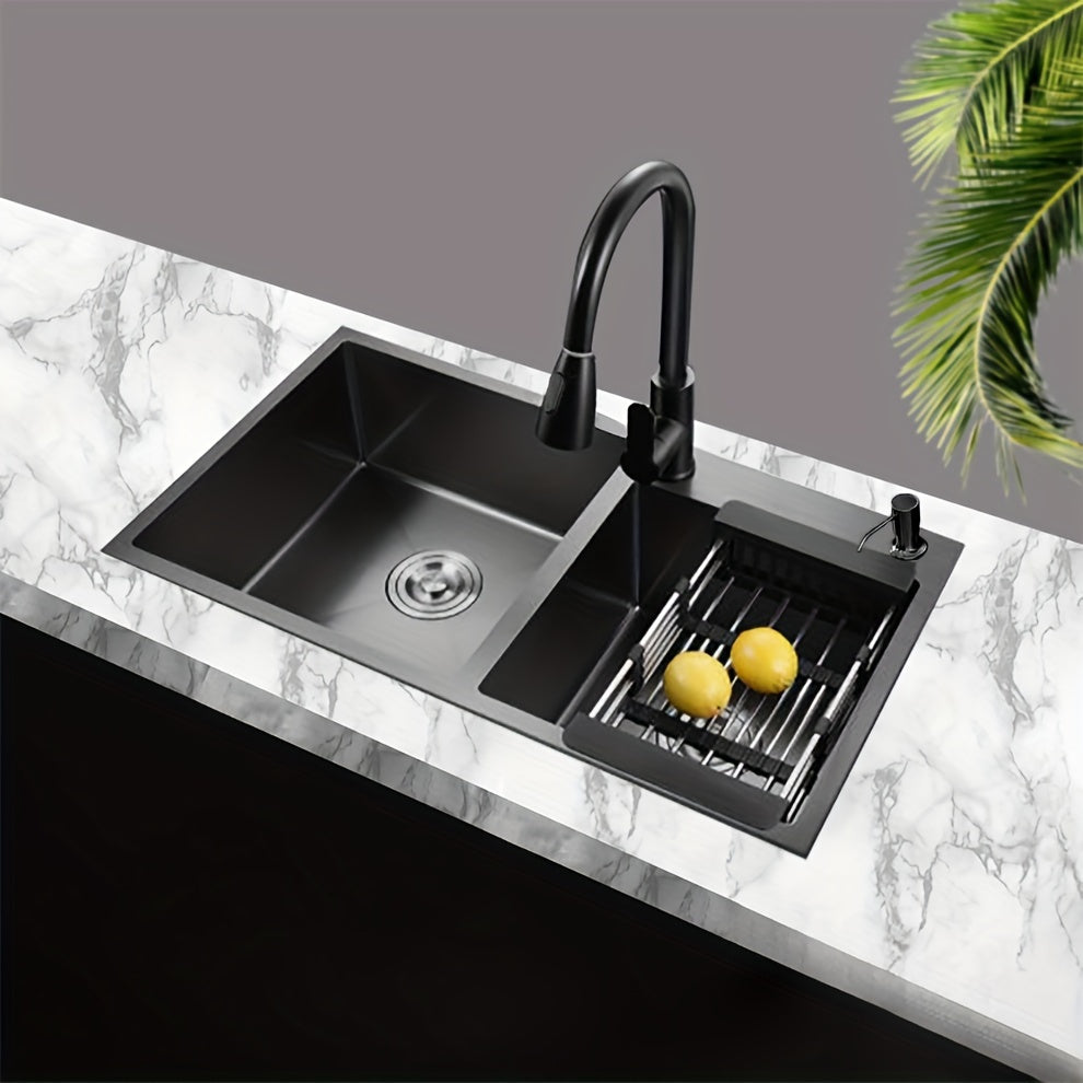 Black stainless steel double basin sink, pull out faucet set, drain basket, stainless steel, 28.34IN*15.74IN sink size, large capacity