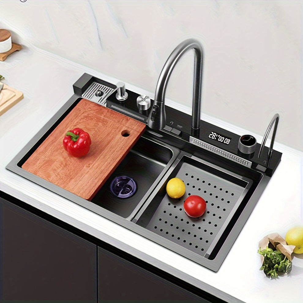 Multi-function Digital Display Waterfall Kitchen Sink, Black Stainless Steel Sink With Two Waterfalls And A Cup Washer