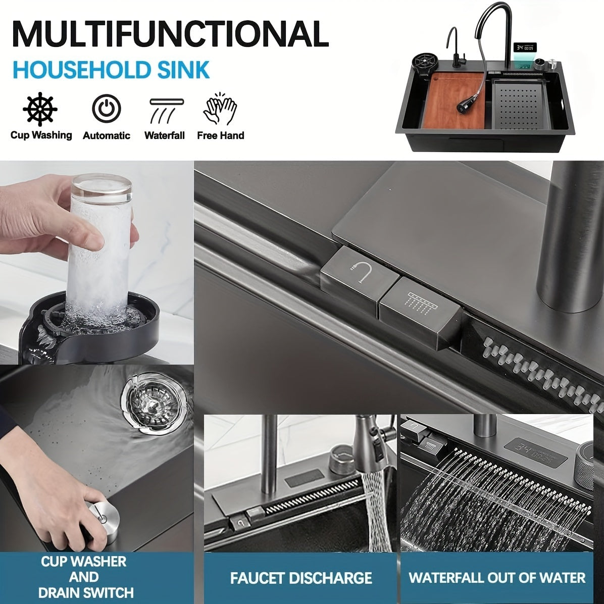 Black Nano Embedded Kitchen Sink, Waterfall Sink With Pull-down Nozzle Faucet, Single Slot Embedded Kitchen Sink Workstation With LED Temperature Display