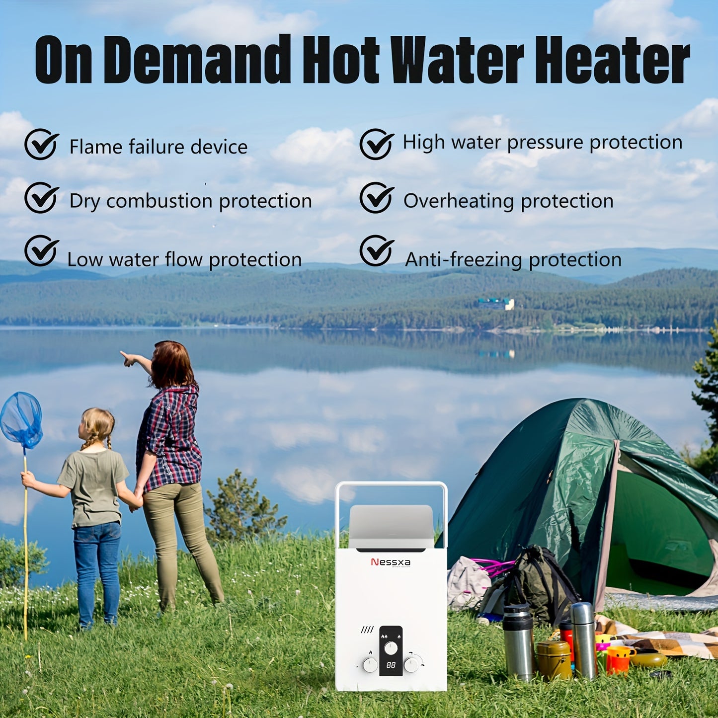 Tankless Water Heater Propane, 2.11 GPM RV Water Heater with Digital Display, 2.11gal Portable Instant Hot Gas Water Heater with Overheating Protection