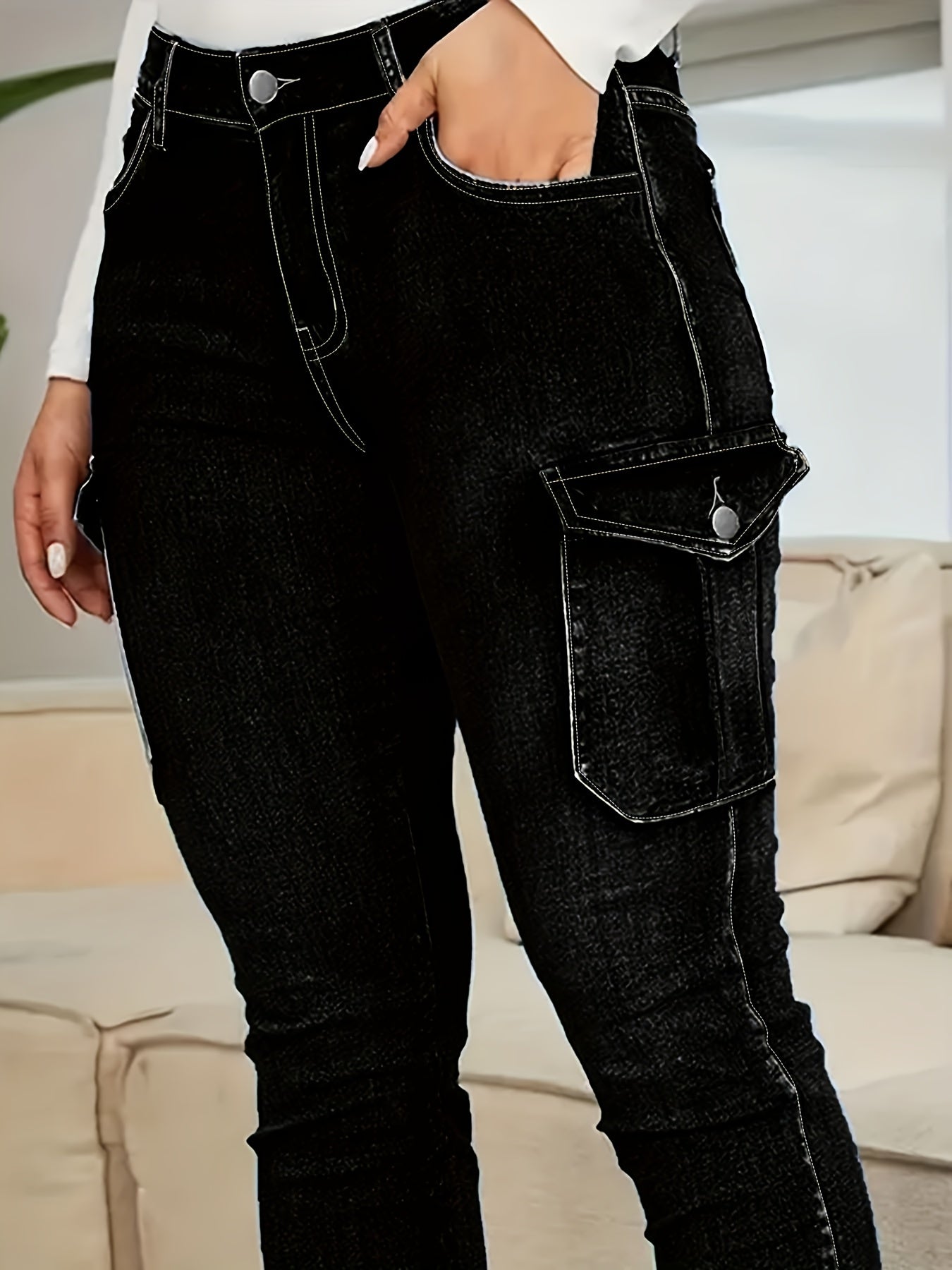 Women's Plus Size High-Waisted Jeans, Multi-Pocket Denim Pants