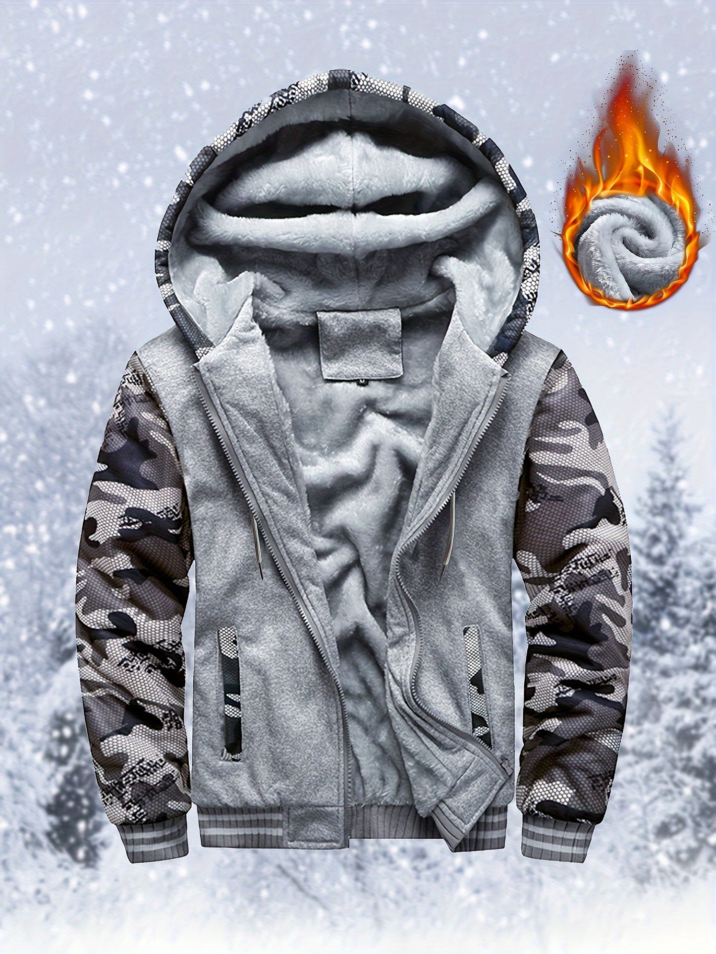 Thick Warm Camo Fleece-Lined Hoodie - Women's Zip-Up Activewear Jacket with Pockets