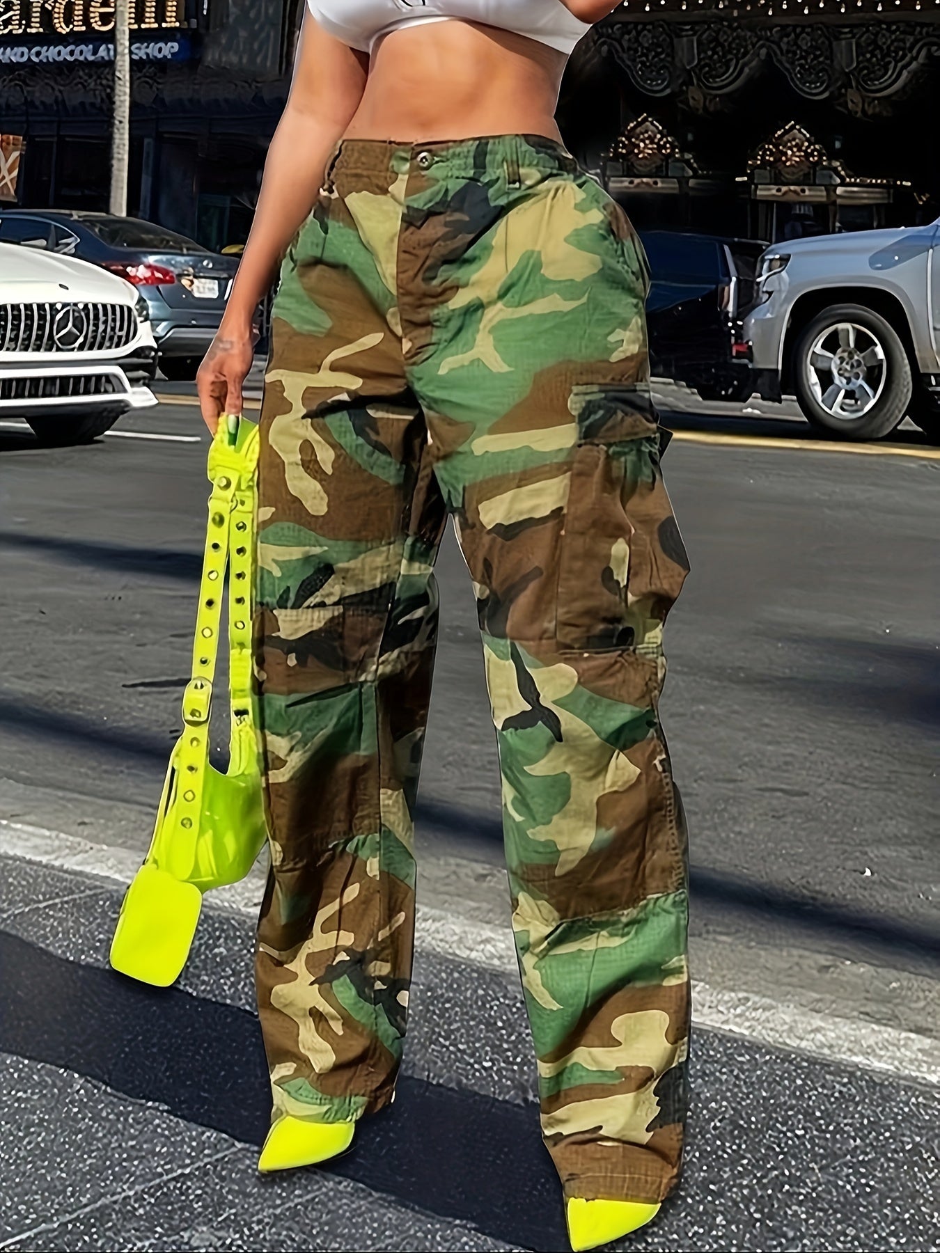 High-Waisted Women's Camo Cargo Pants, Polyester & Viscose Blend - Straight Fit, Machine Washable, with Pockets