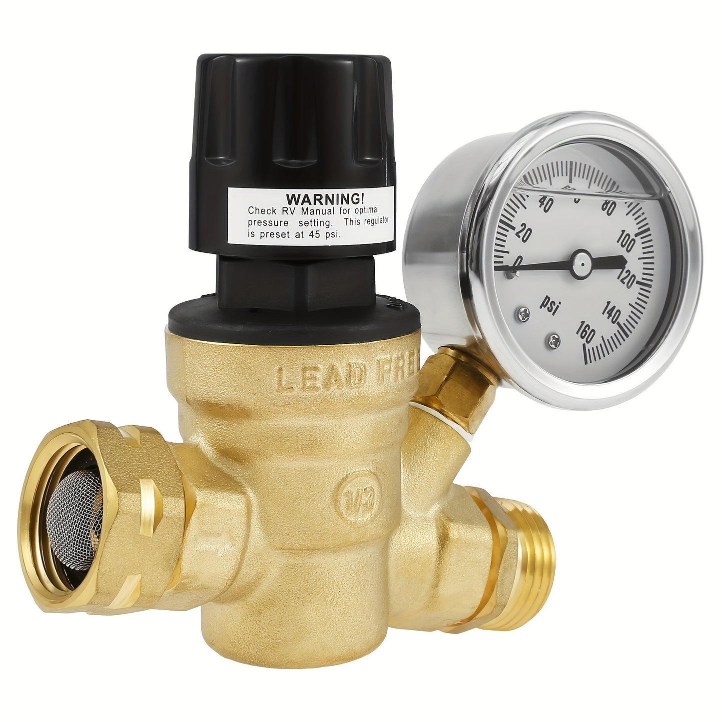 RV Water Pressure Regulator Professional Pressure Reducing Valve with Adjustable Handle and Gauge Lead-Free
