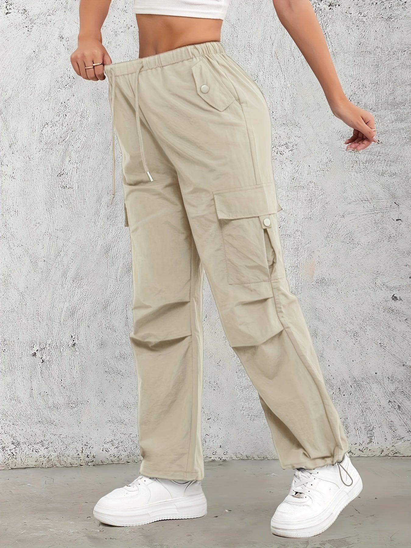Women's High-Waist Cargo Pants with Elastic Drawstring Waistband, Multi-Pocket Design