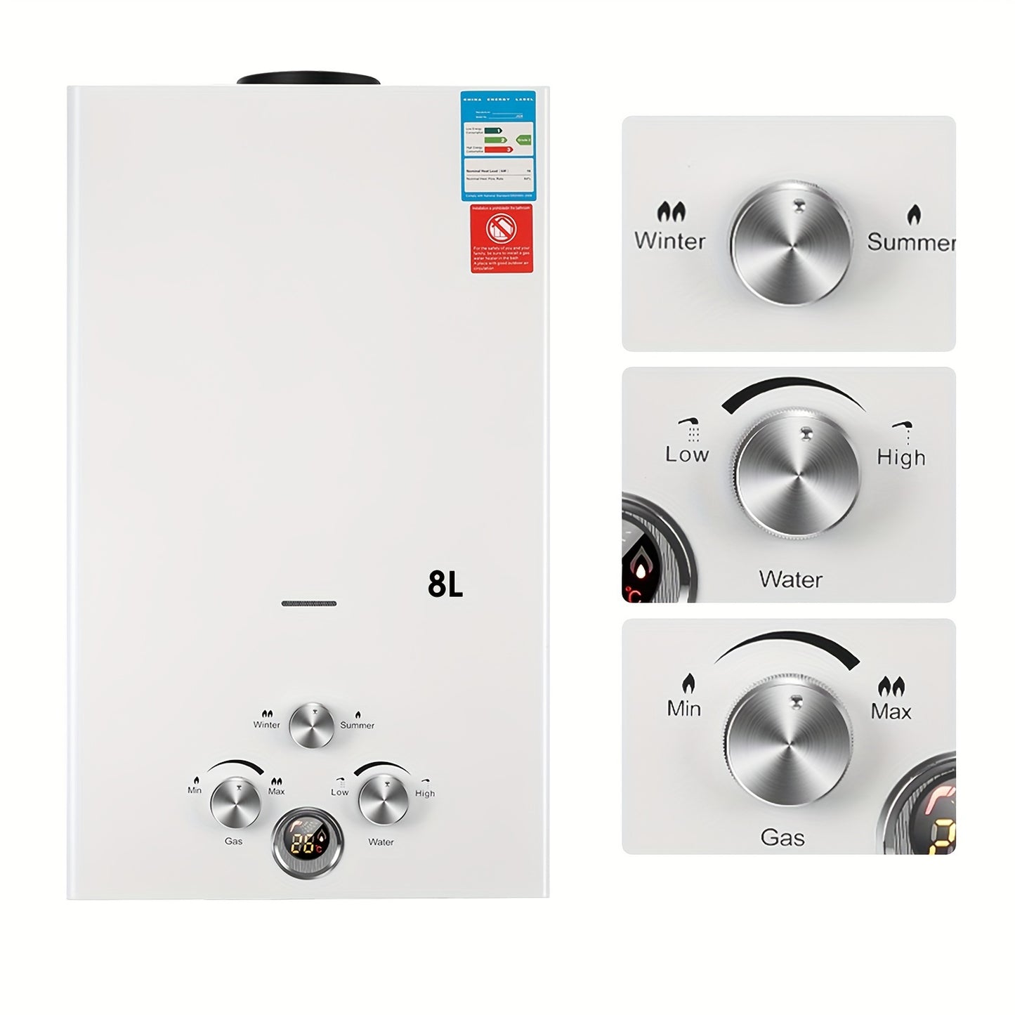 8L Tankless Propane Water Heater with Digital Display - Wall-Mounted