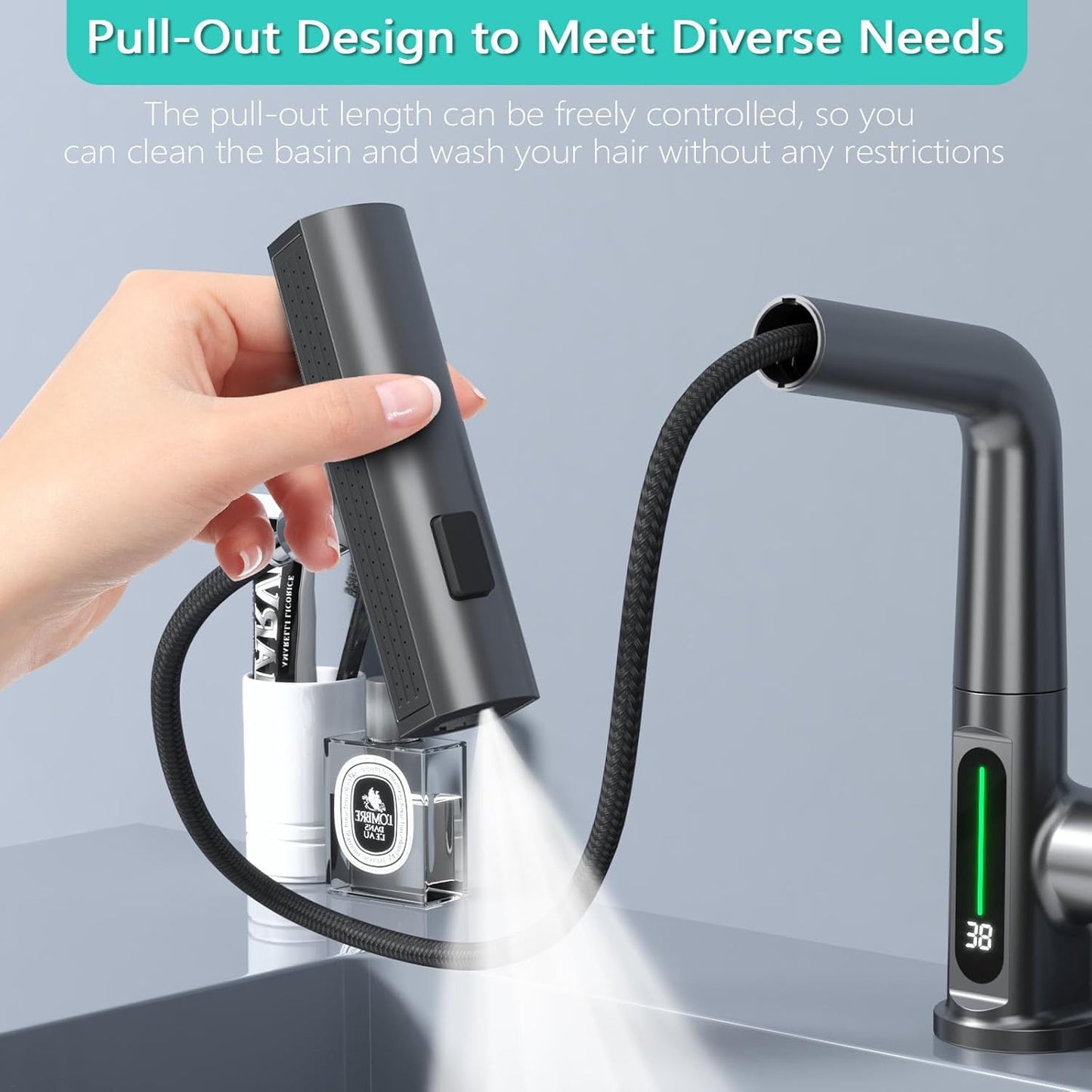 Classic Waterfall Bathroom Faucet with Pull-Down Sprayer, Digital Temperature Display