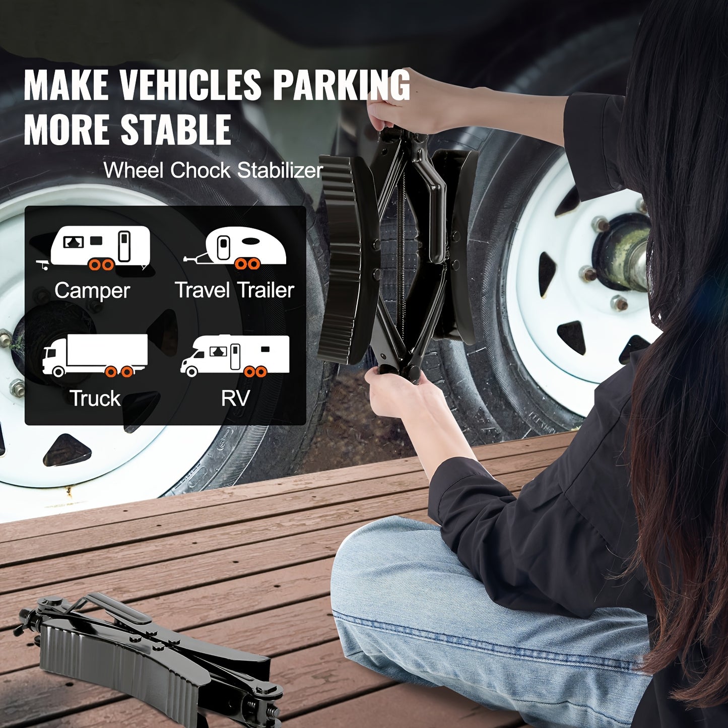 Heavy Duty H-shaped RV Tire Locking Chock, Built-in Wrench Fit For 3.5 To 12 Tire Space, 2 Sets Of Camper Wheel Chocks With Ratchet Wrench