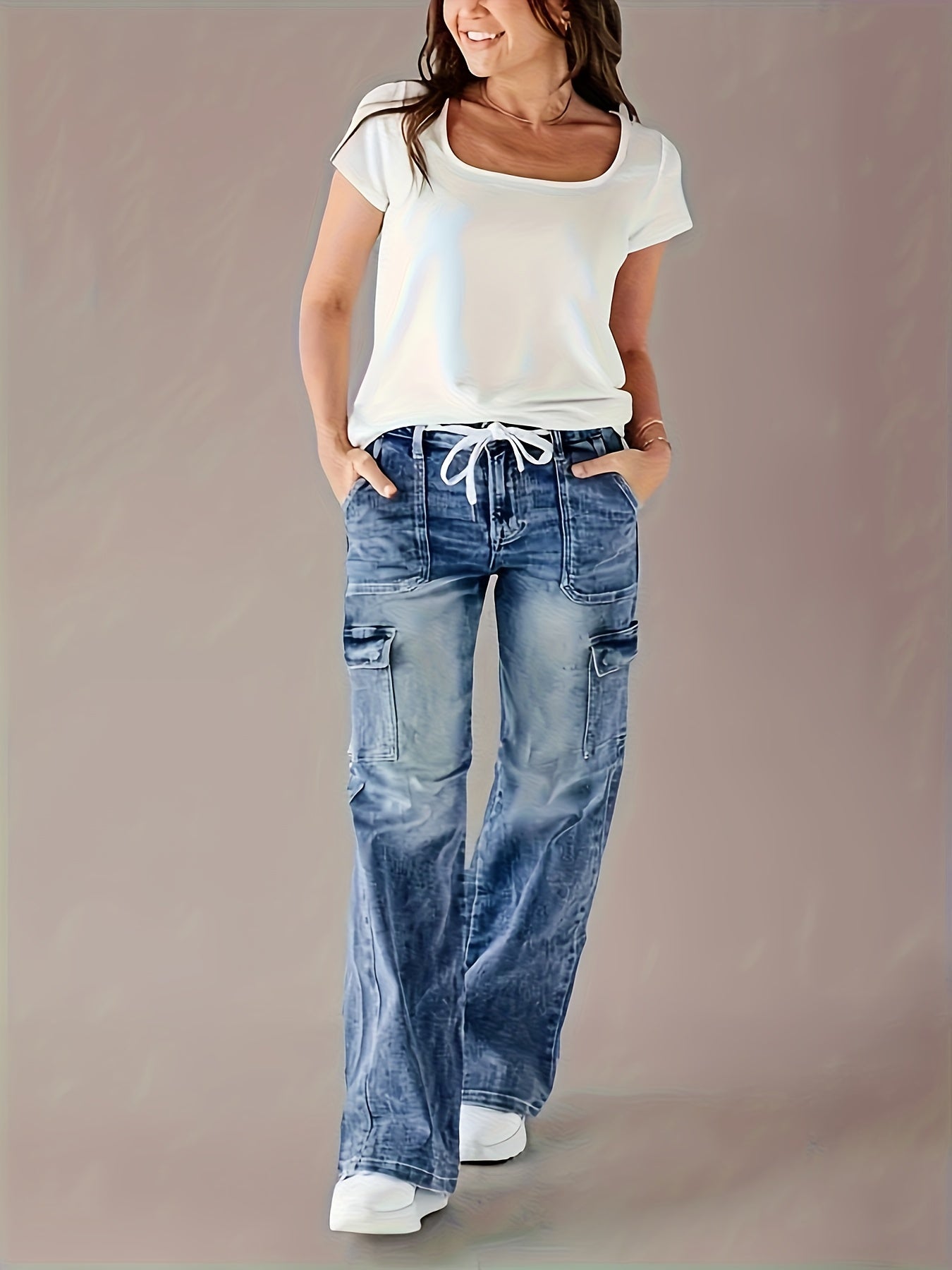 Women's Cargo Jeans - Loose Fit, Slimming Multi-Pocket Design with Drawstring Waist