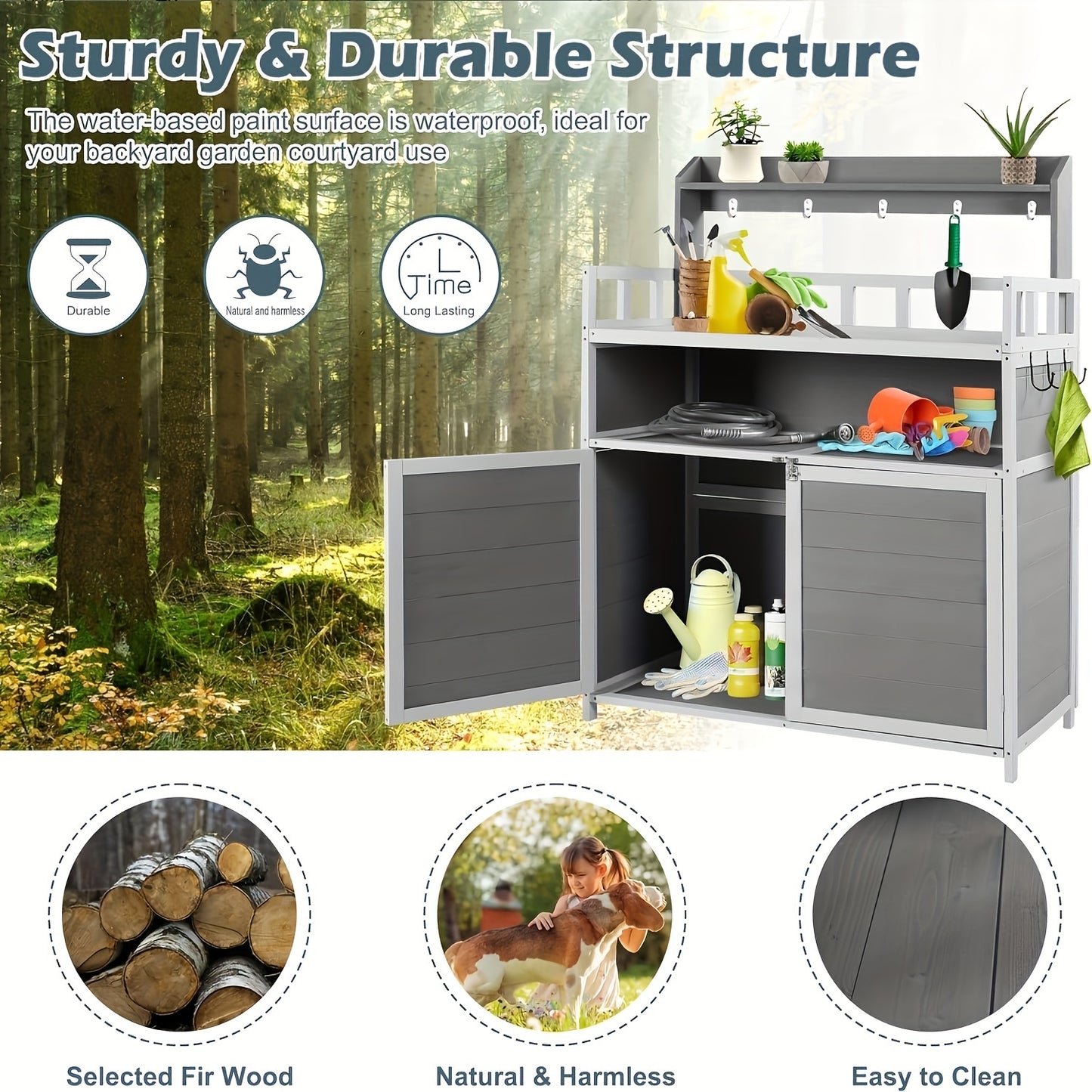 Outdoor Potting Bench, Outdoor Planting Workbench Table Wooden Storage Plant Table Cabinet Gardening Table For Patio,