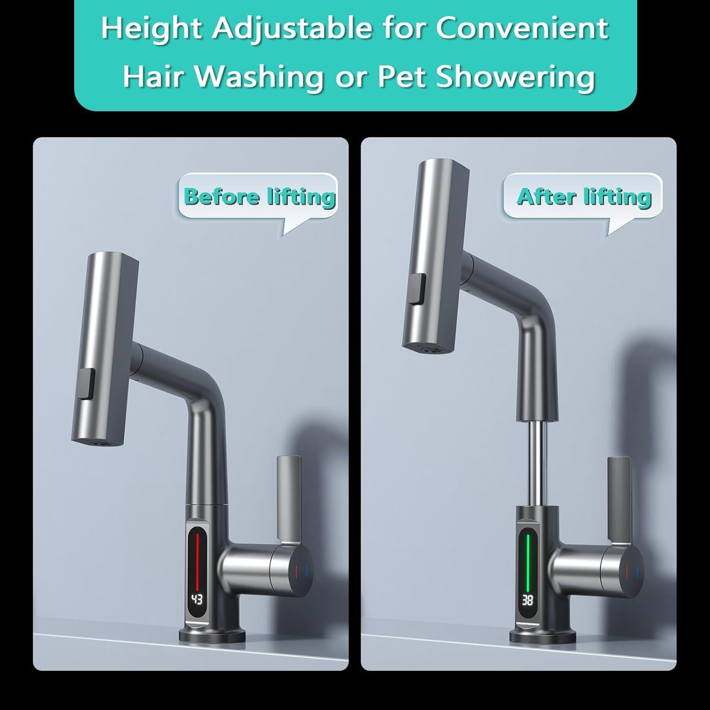 Classic Waterfall Bathroom Faucet with Pull-Down Sprayer, Digital Temperature Display