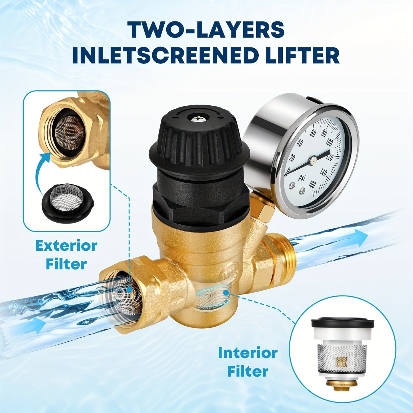 RV Water Pressure Regulator, Adjustable Handle Brass Lead-Free Reducer Valve, Water Pressure Regulator With Gauge And 2 Inlet Screened Filters