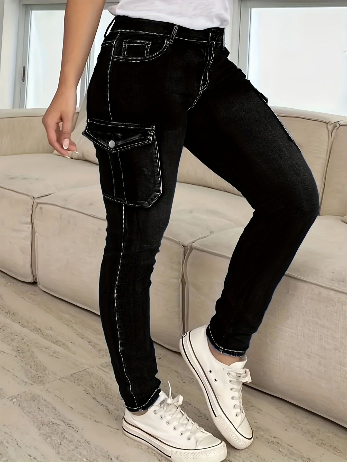 Women's Plus Size High-Waisted Jeans, Multi-Pocket Denim Pants