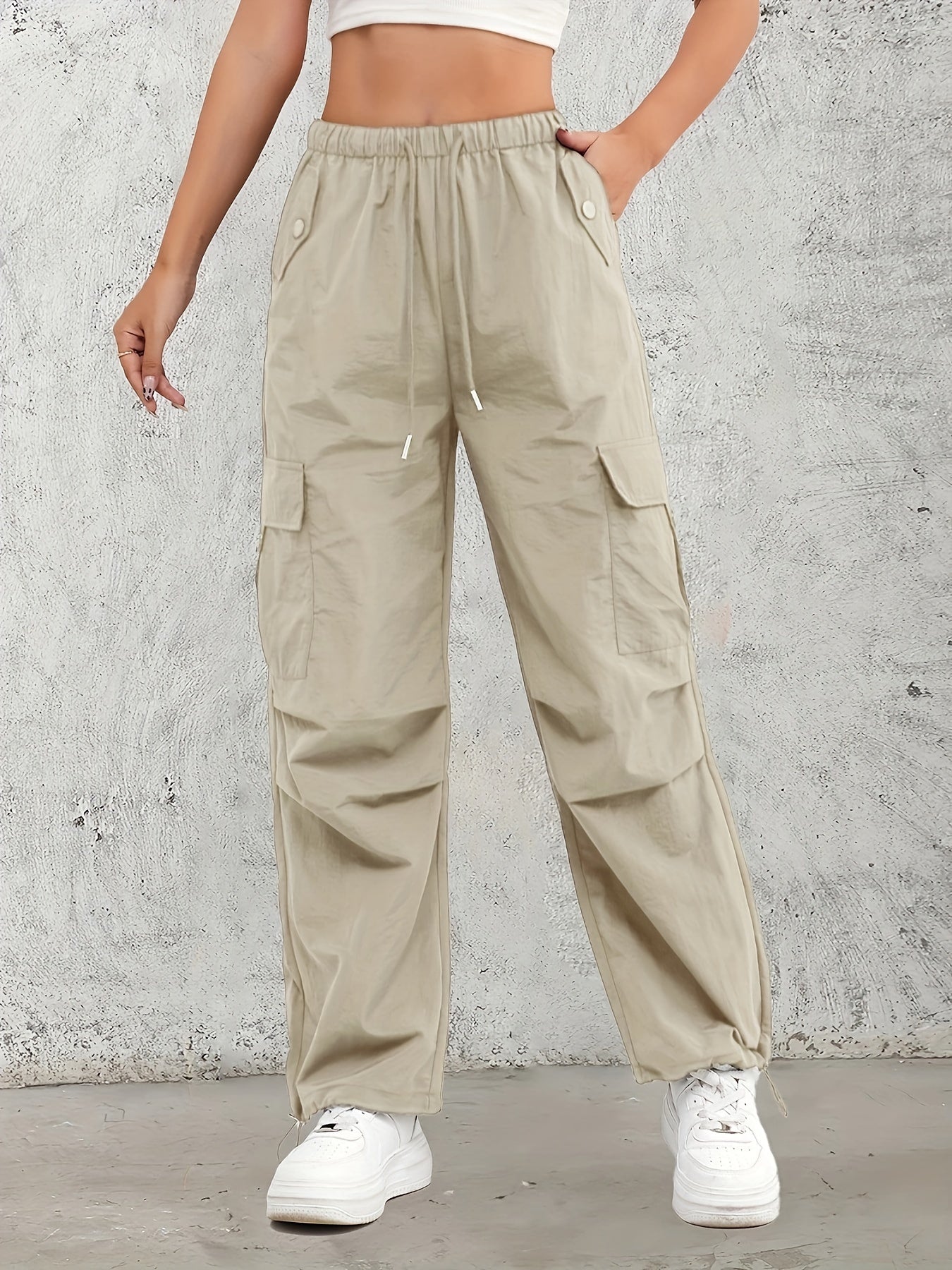 Women's High-Waist Cargo Pants with Elastic Drawstring Waistband, Multi-Pocket Design