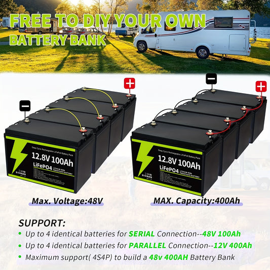 12.8V 100Ah LiFePO4 Battery, Group 31 Lithium Battery With 100A BMS Low Temperature Protection 1.28kWh, Up To 15000 Deep Cycles