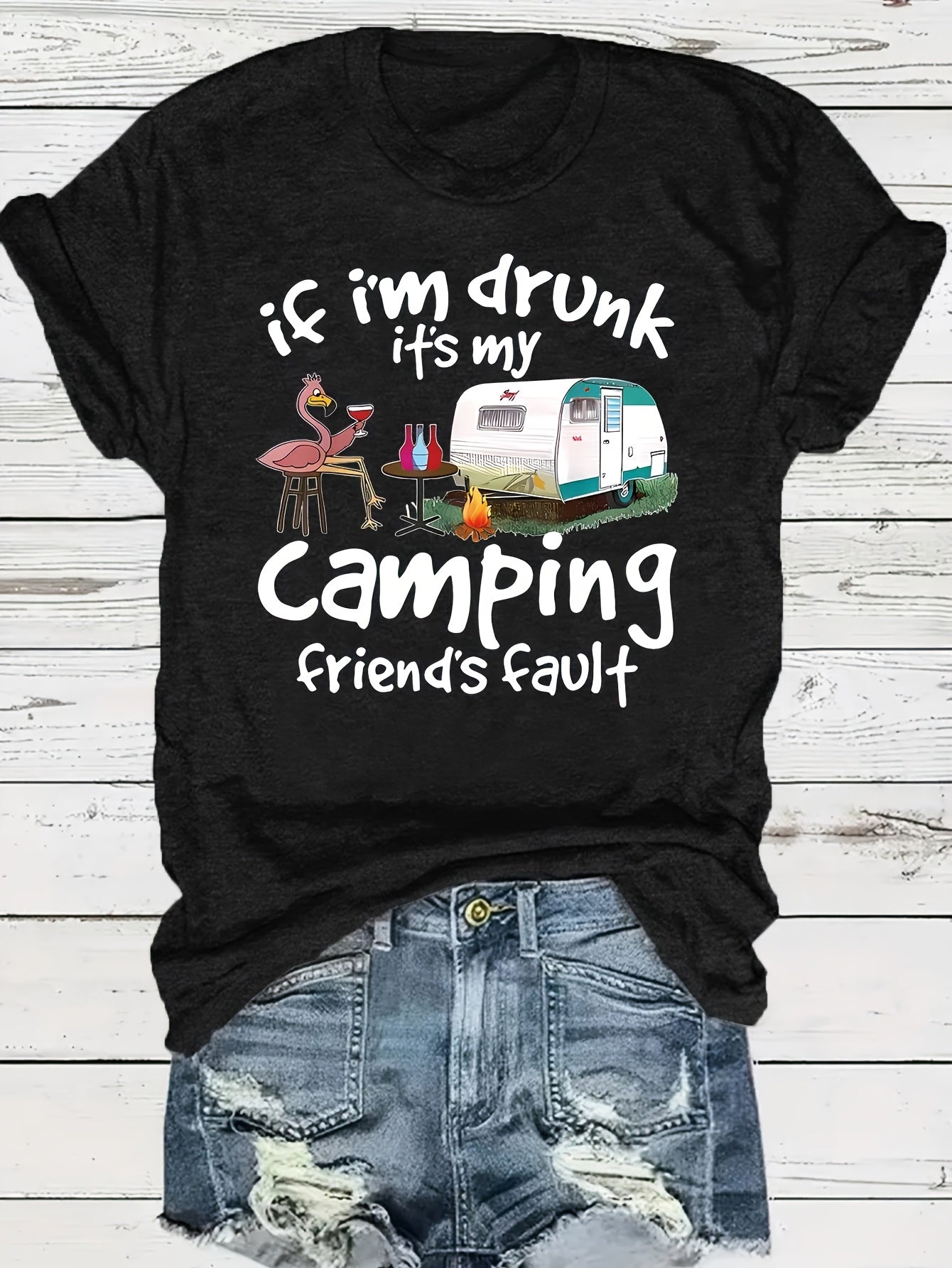 Women's Plus Size Casual Black T-Shirt with "If I'm Drunk" Camping Graphic - Short Sleeve, Round Neck, Comfortable Polyester