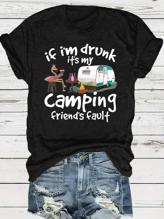 Women's Plus Size Casual Black T-Shirt with "If I'm Drunk" Camping Graphic - Short Sleeve, Round Neck, Comfortable Polyester