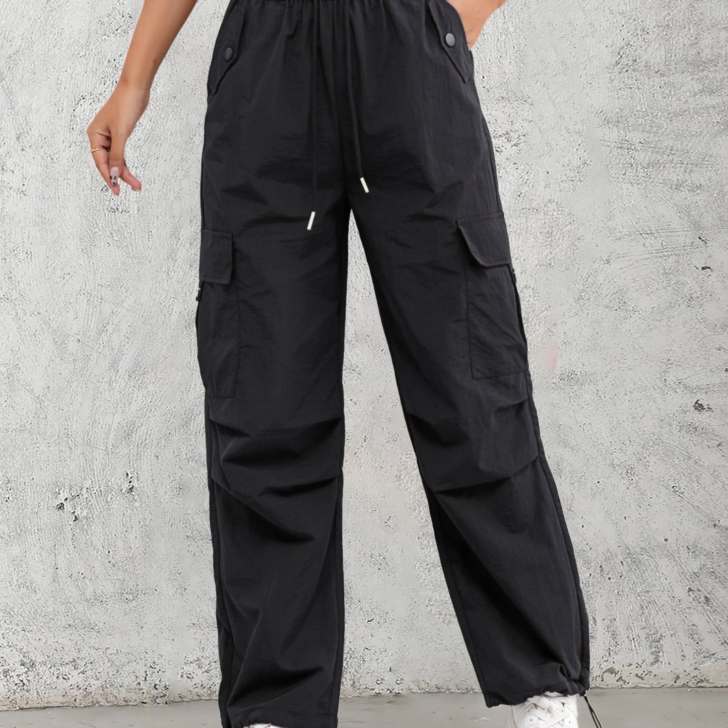Women's High-Waist Cargo Pants with Elastic Drawstring Waistband, Multi-Pocket Design