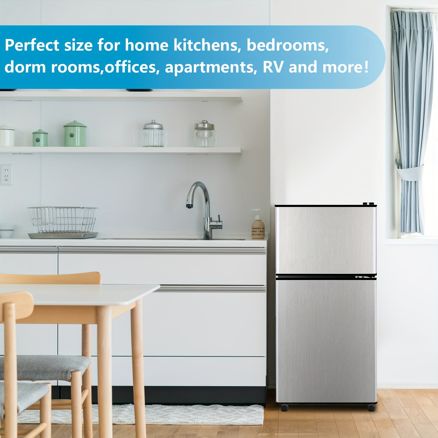 Compact 3.2 CU.FT Mini Fridge with Freezer - Sleek Black & Gray, 2-Door Design, Adjustable Shelves,