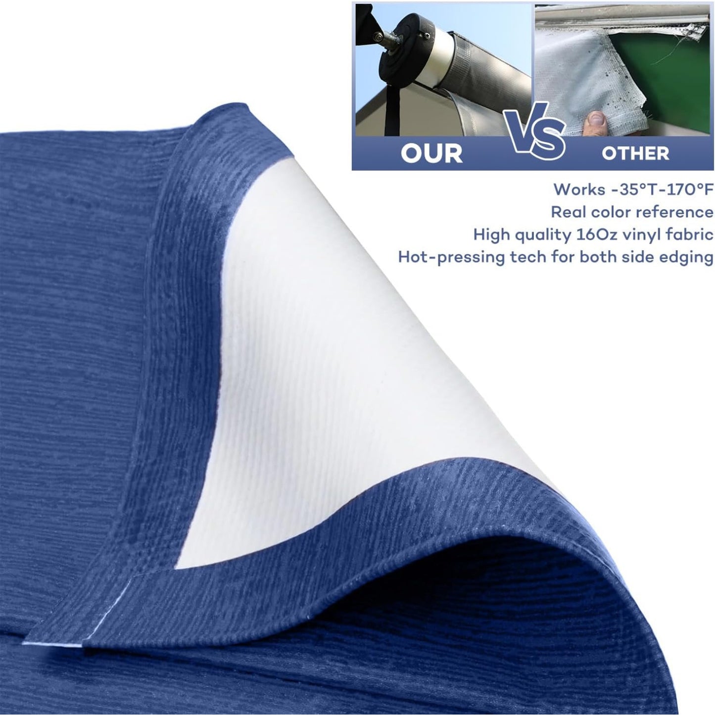 16' RV Awning Fabric Replacement Weatherproof Anti-Fading Awning Fabric Vinyl Canopy, Blue Fade (Fabric 15'2")