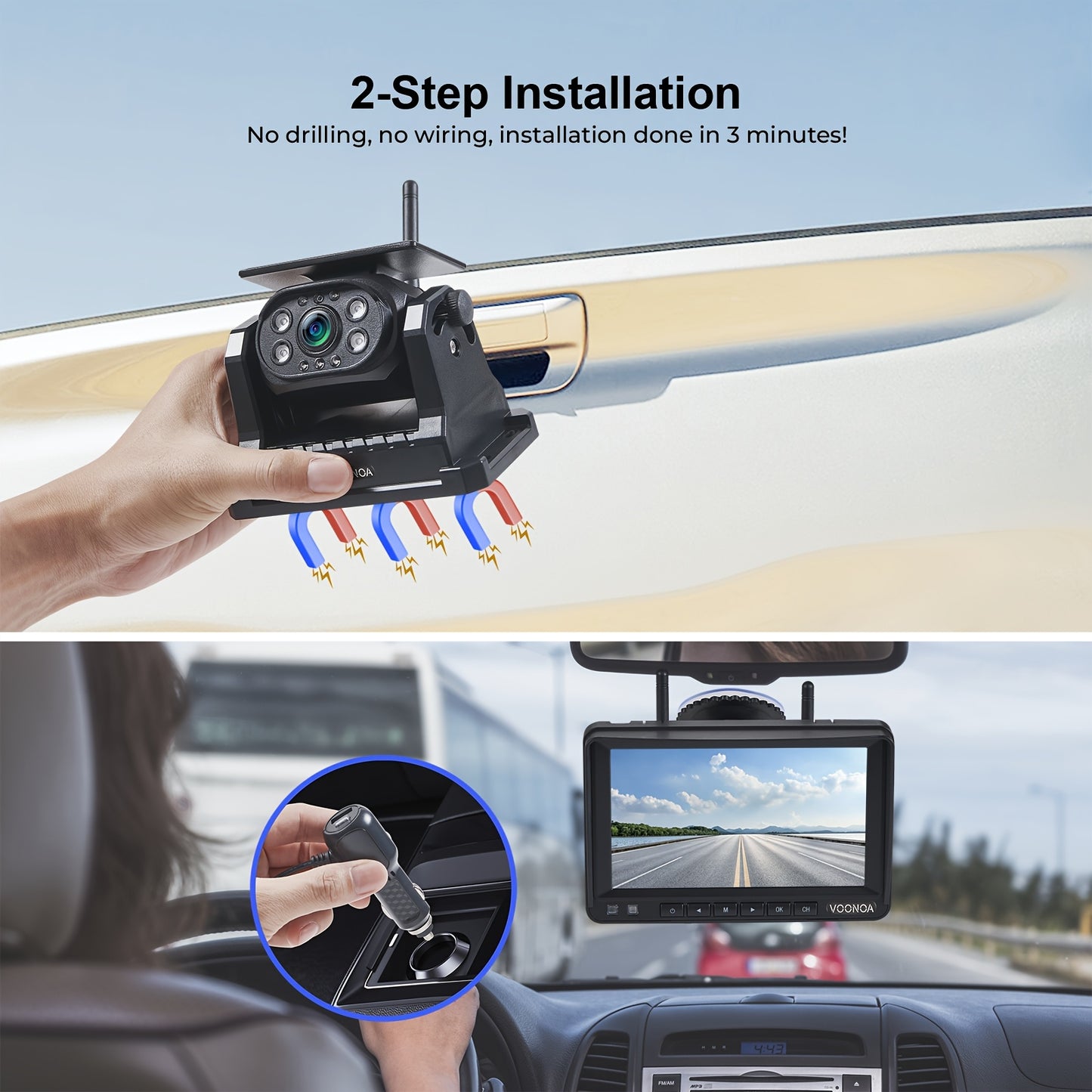 Solar Wireless Magnetic Backup Camera, Battery Powered Rechargeable, Rear View Hitch Camera With 7 Inch 1080P Monitor System