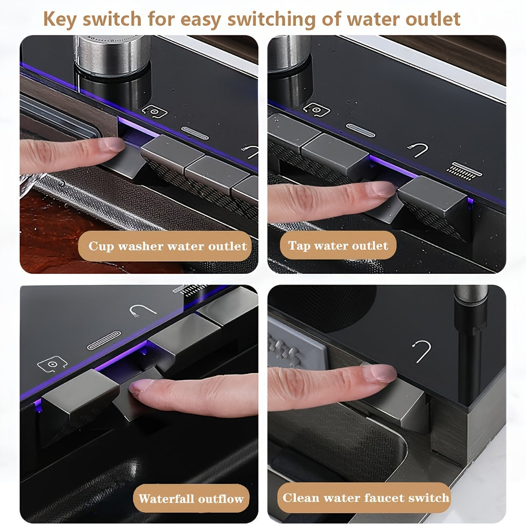 Extra Large Modern Black Stainless Steel Kitchen Sink with Digital Display, Dual Waterfall Design & Cup Holders