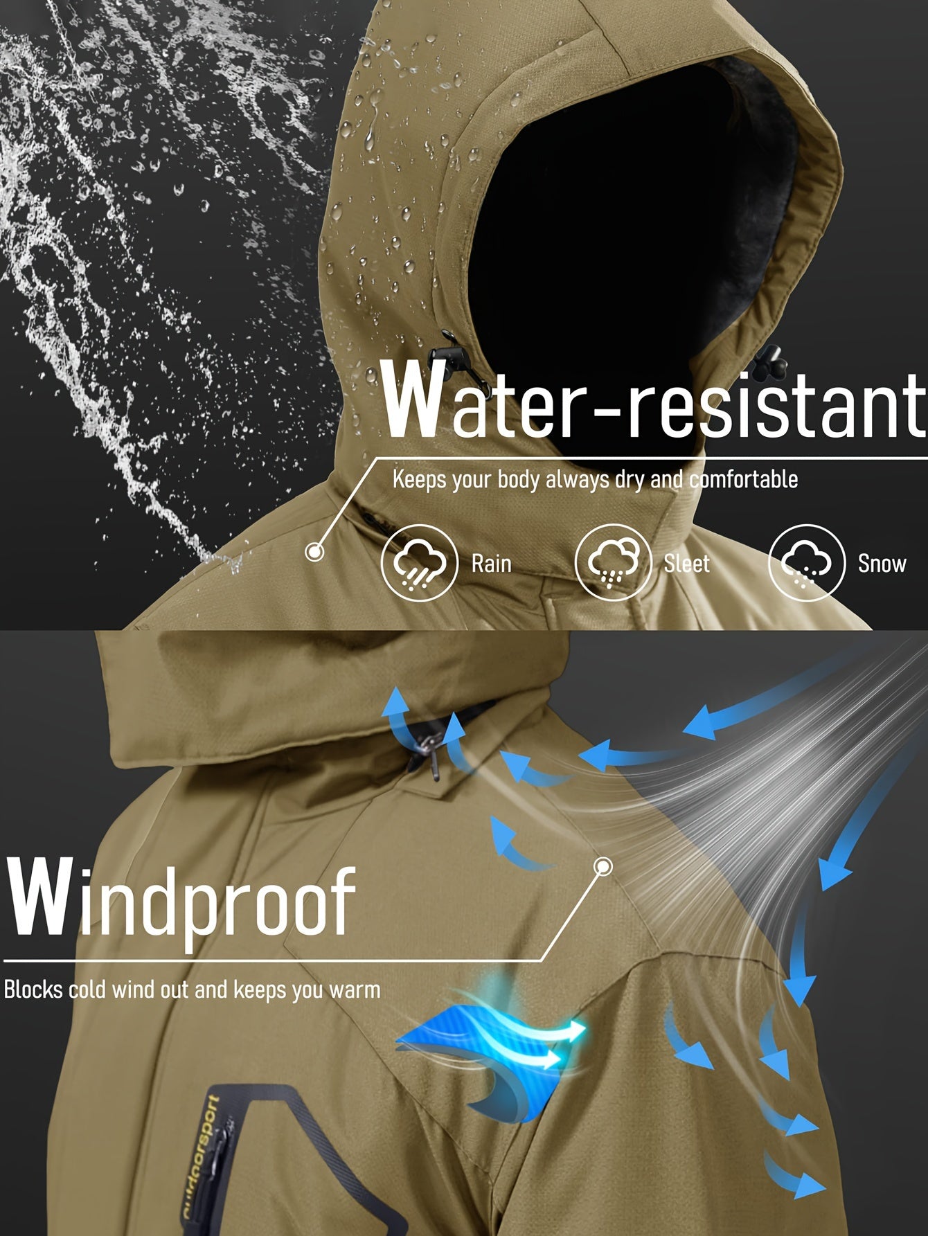 Men Winter Ski Snow Jacket - Multiple Zipper Pockets, Large Storage, Removable Hood, Adjustable Cuffs