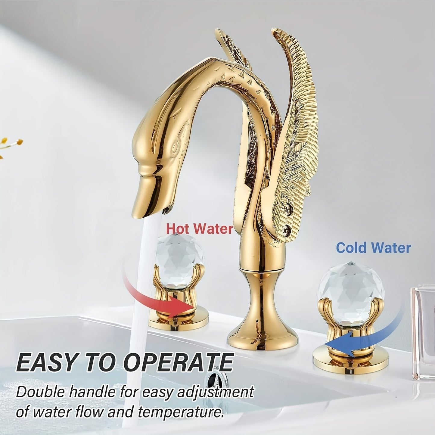 Bathroom Swan Basin Sink Faucet Golden 8-Inch 3 Hole 2 Crystal Handle Deck Mount