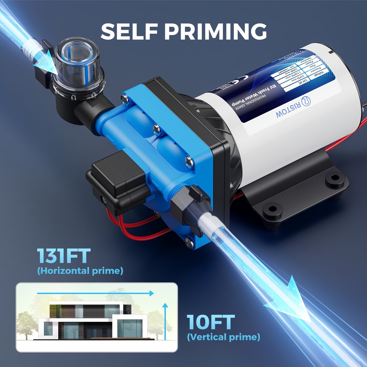 High-Performance 12V RV Water Pump - 3.5GPM, 50PSI Self-Priming Diaphragm with Filter & Adapter for RVs