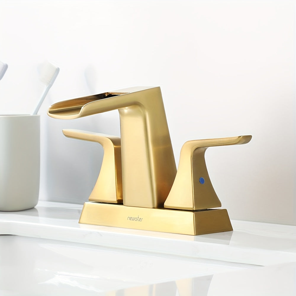Modern Waterfall Center set Bathroom Sink Faucet - 2-Handle, Brushed Black with Golden Accents