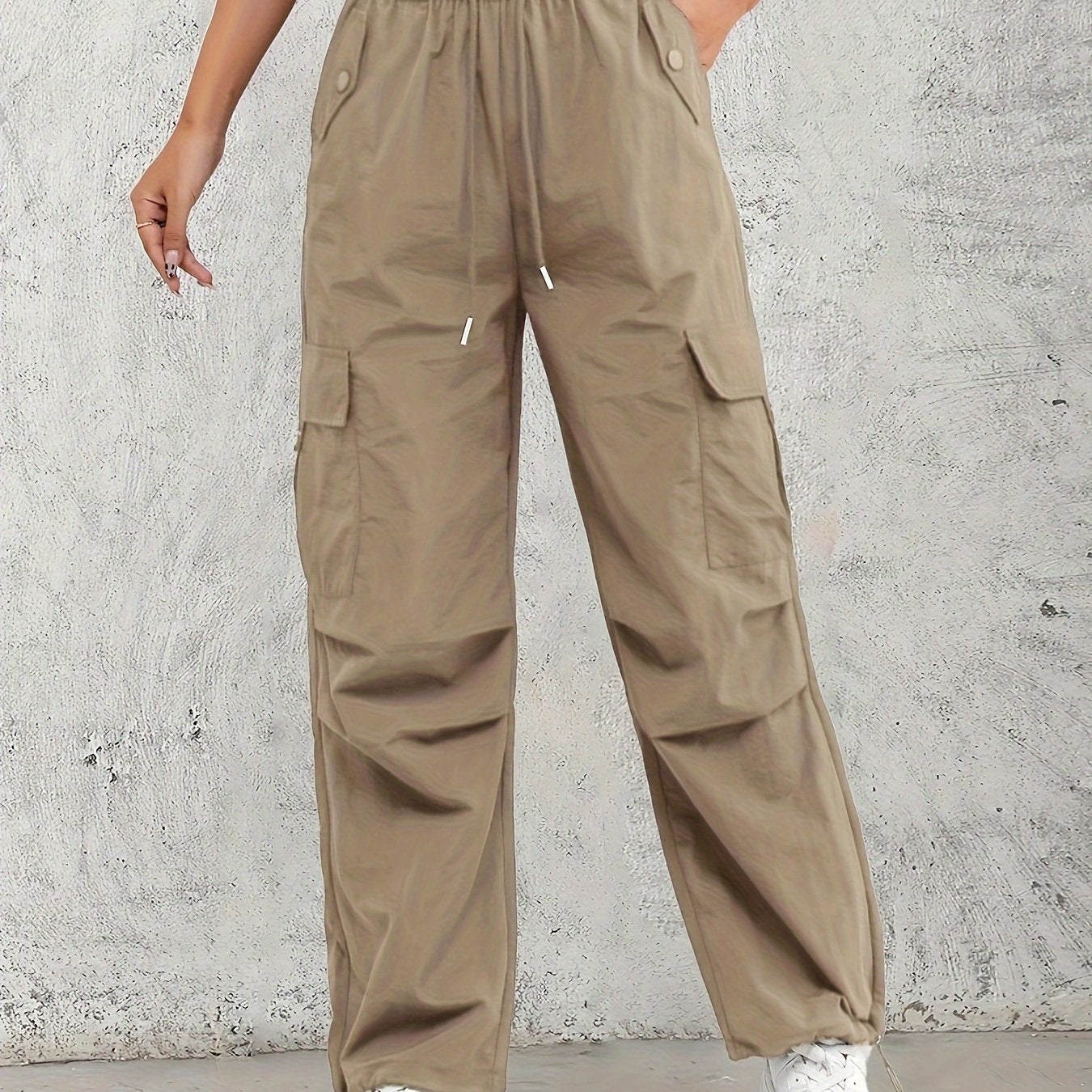 Women's High-Waist Cargo Pants with Elastic Drawstring Waistband, Multi-Pocket Design
