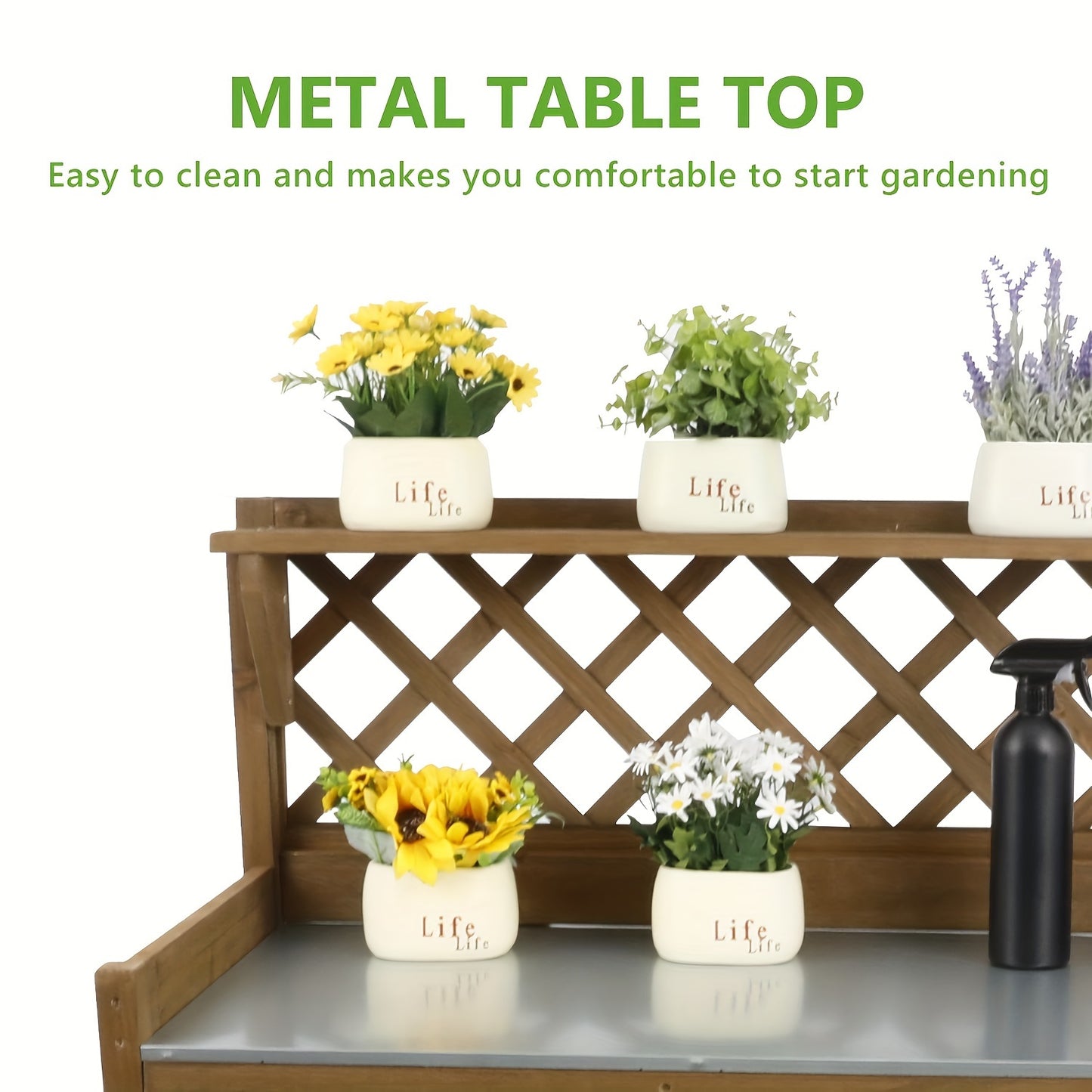 Wooden Potting Bench Table, Natural Wood Garden Work Station With Metal Table Top, Drawer, Large Bottom Shelf