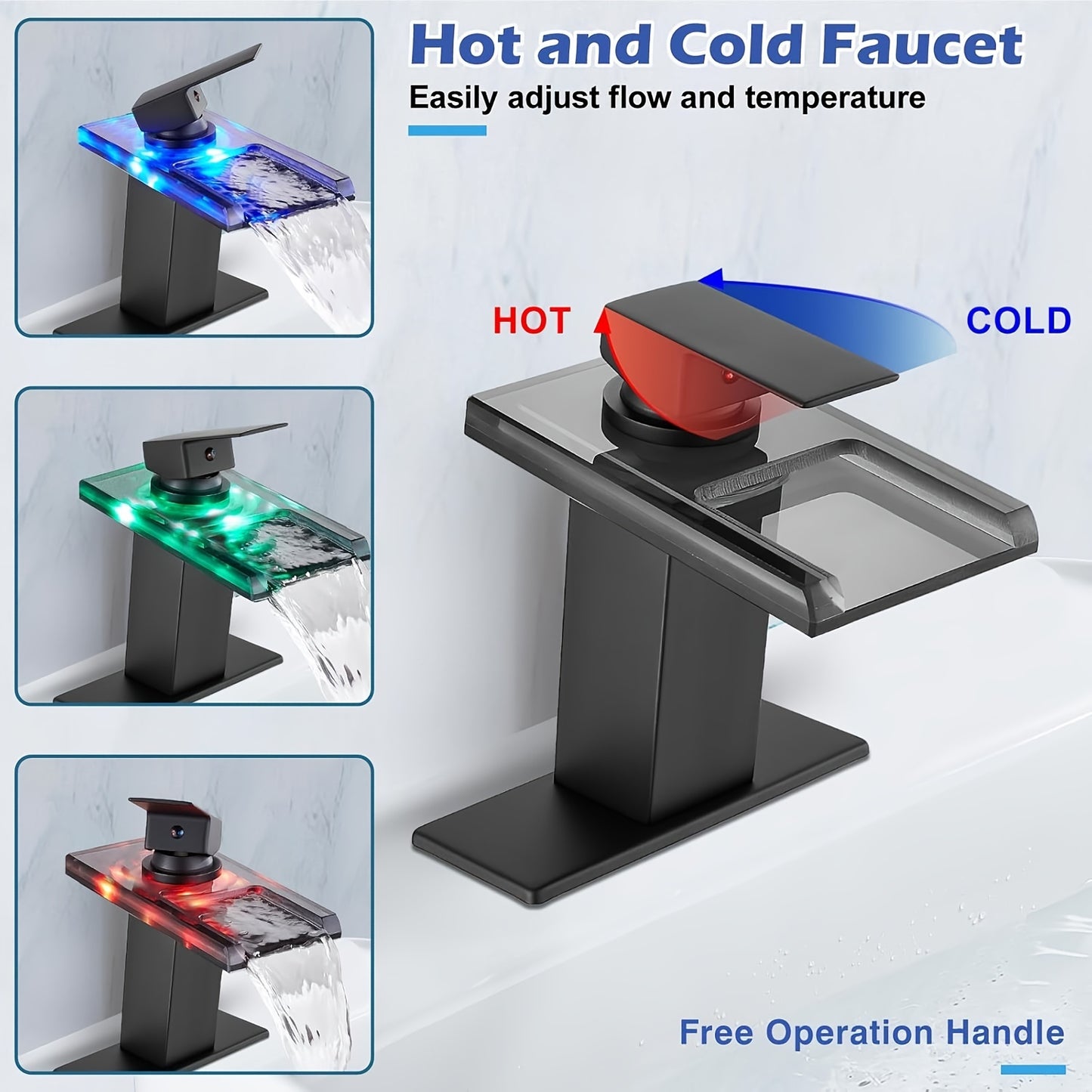 LED Bathroom Sink Faucet, Waterfall Single Handle Hole Bathroom Faucet