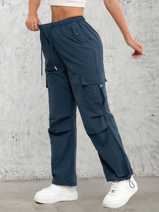 Women's High-Waist Cargo Pants with Elastic Drawstring Waistband, Multi-Pocket Design