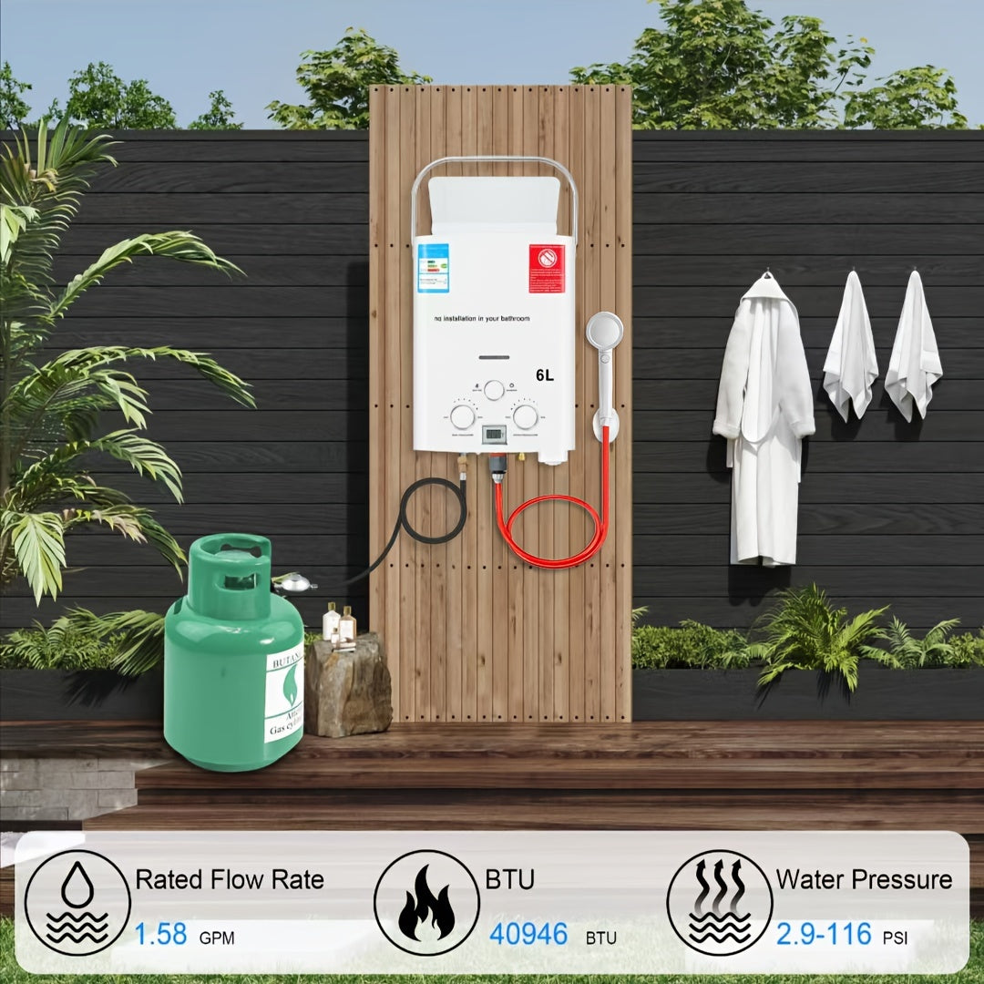 Portable Tankless Water Heater - 6L, 1.58GPM Propane, Overheat Protection