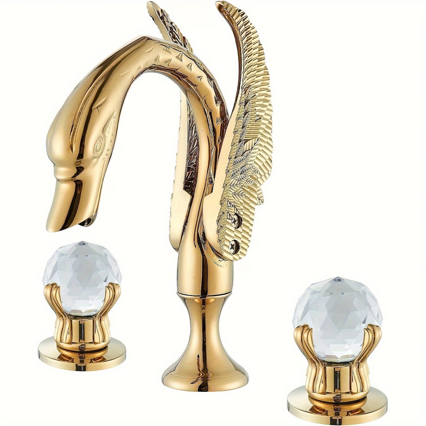 Bathroom Swan Basin Sink Faucet Golden 8-Inch 3 Hole 2 Crystal Handle Deck Mount
