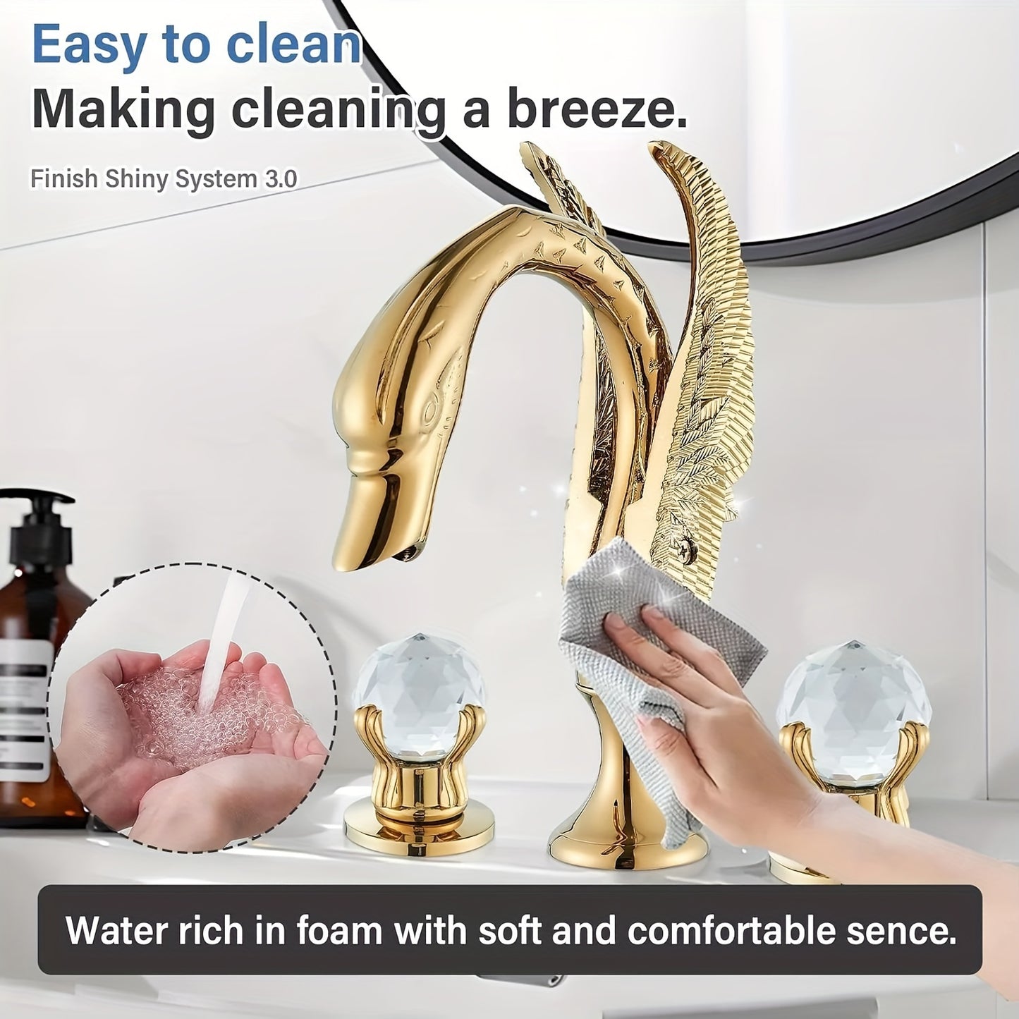 Bathroom Swan Basin Sink Faucet Golden 8-Inch 3 Hole 2 Crystal Handle Deck Mount