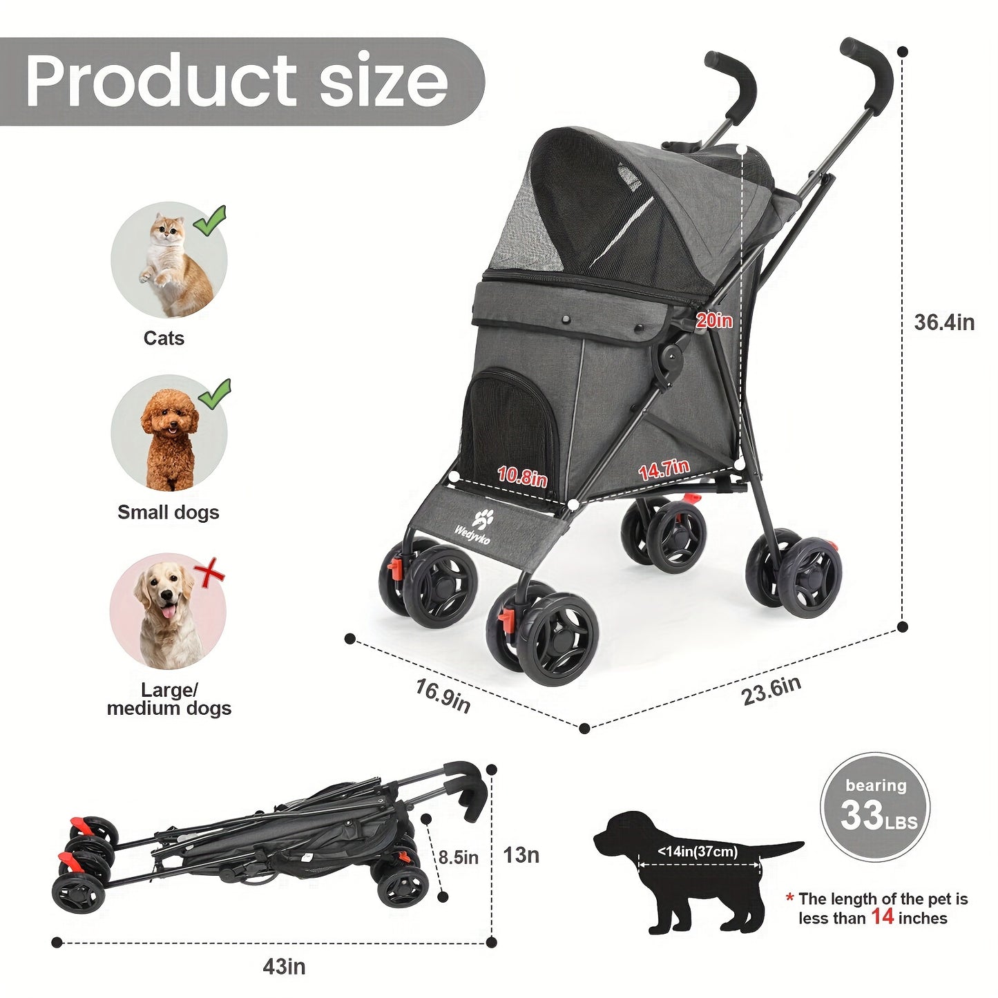 Pet Stroller for Small Dogs Cats, Up to 33 LBS with Storage Basket & Cup Holder, Dark gray