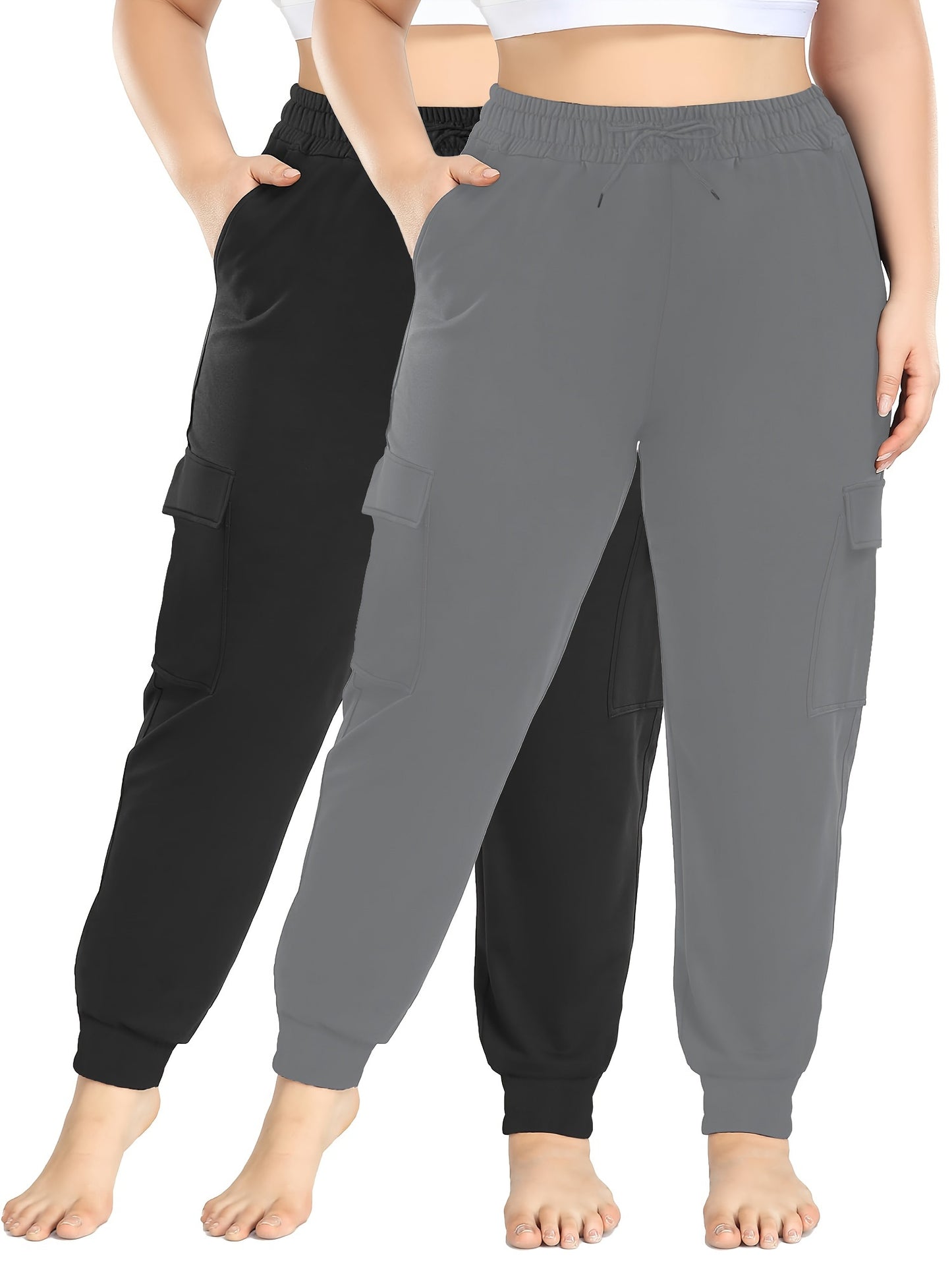 High Stretch 2-Pack Plus Size Drawstring Cargo Pants - With Pockets