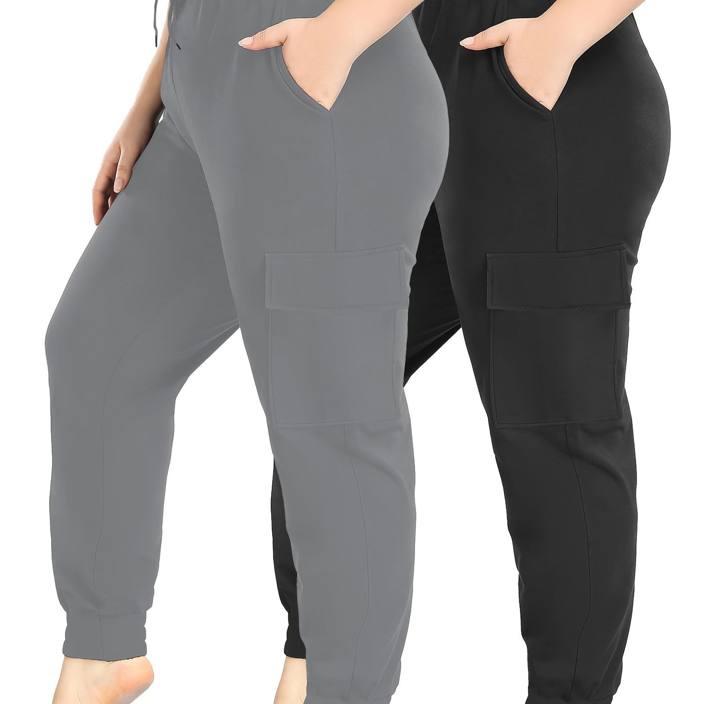 High Stretch 2-Pack Plus Size Drawstring Cargo Pants - With Pockets