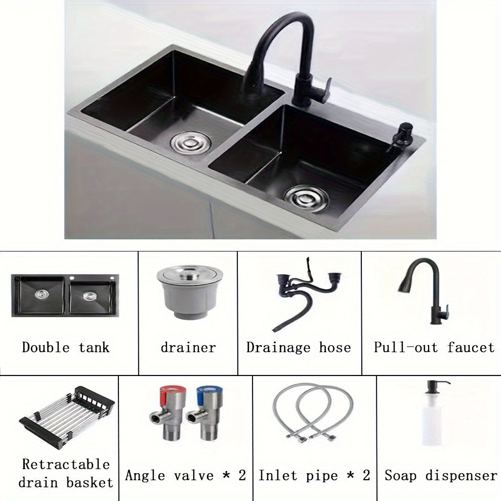 Black stainless steel double basin sink, pull out faucet set, drain basket, stainless steel, 28.34IN*15.74IN sink size, large capacity