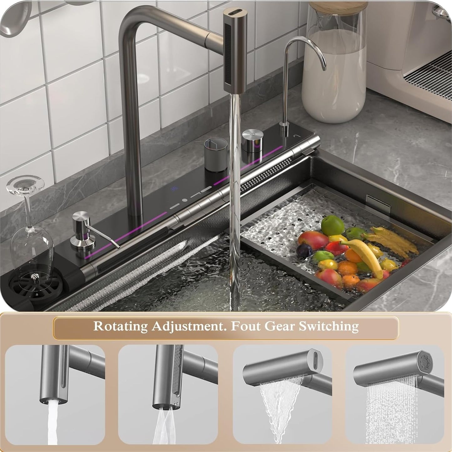 29.5 x 18.1 inch Stainless Steel Honeycomb Single Bowl Kitchen Sinks, Digital Display Double Waterfall Sink, With Pull-out Swivel Faucet and Pressurized Cup Washer (29.5 x 18.1 inch)