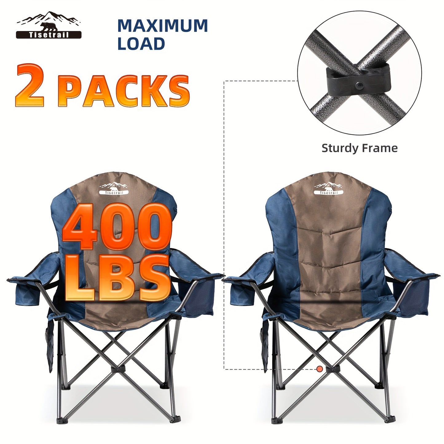 [Portable Camping Chairs] 2pcs High Back Folding Camping Chairs - 400lbs Capacity
