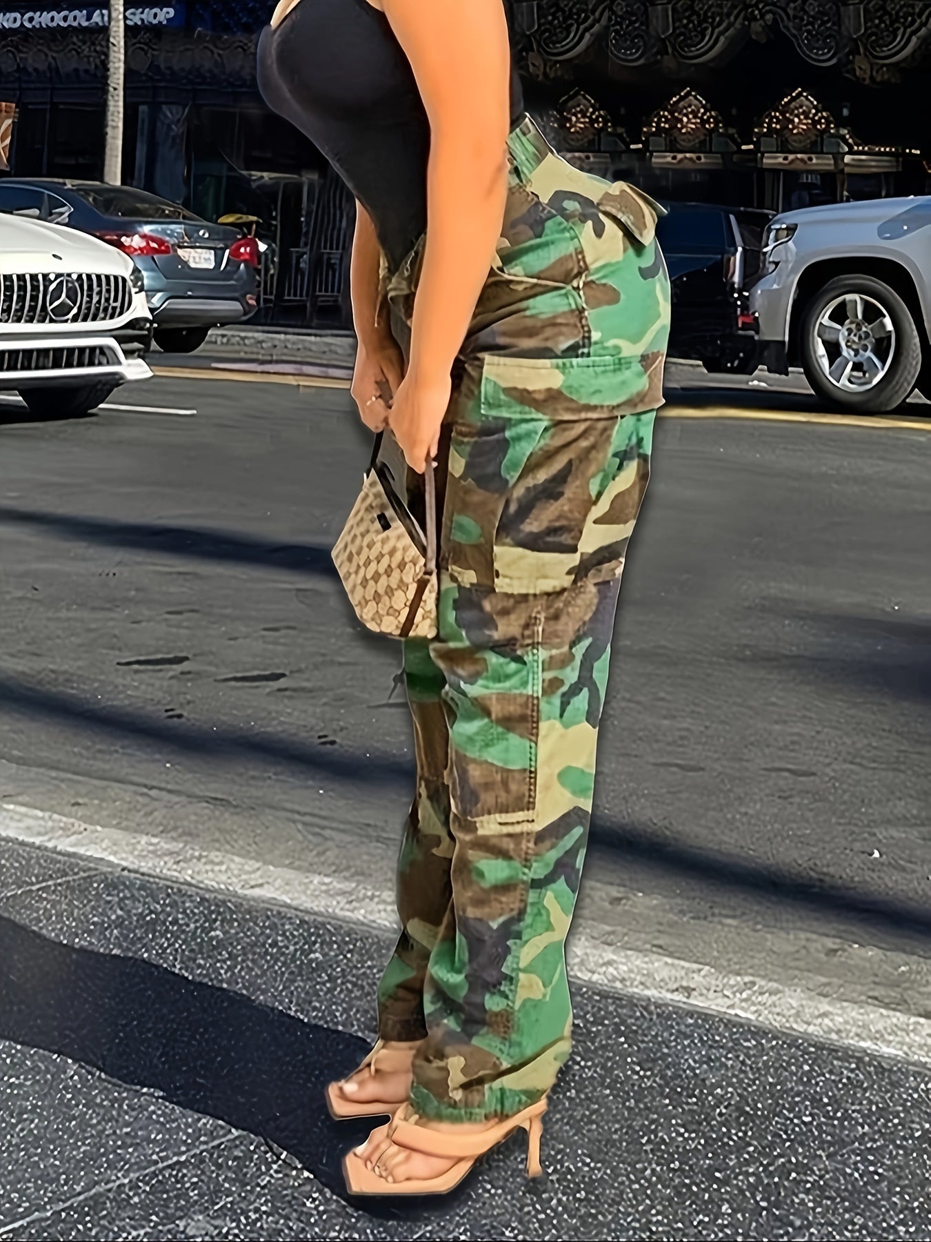 High-Waisted Women's Camo Cargo Pants, Polyester & Viscose Blend - Straight Fit, Machine Washable, with Pockets