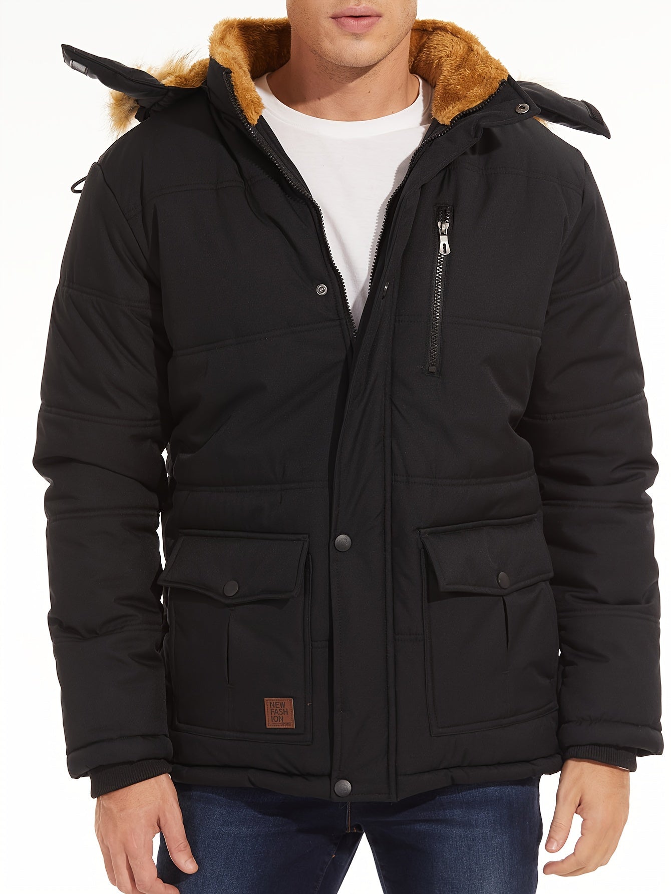 Big And Tall Men's Jacket Winter Full-Zip Fleece Lined Windproof Water-Resistant, Adjustable Hood - 5 Pocket Design Practical Storage Adjustable Cuffs And Hem