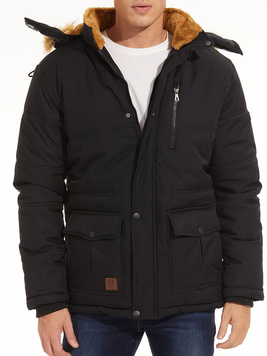 Big And Tall Men's Jacket Winter Full-Zip Fleece Lined Windproof Water-Resistant, Adjustable Hood - 5 Pocket Design Practical Storage Adjustable Cuffs And Hem