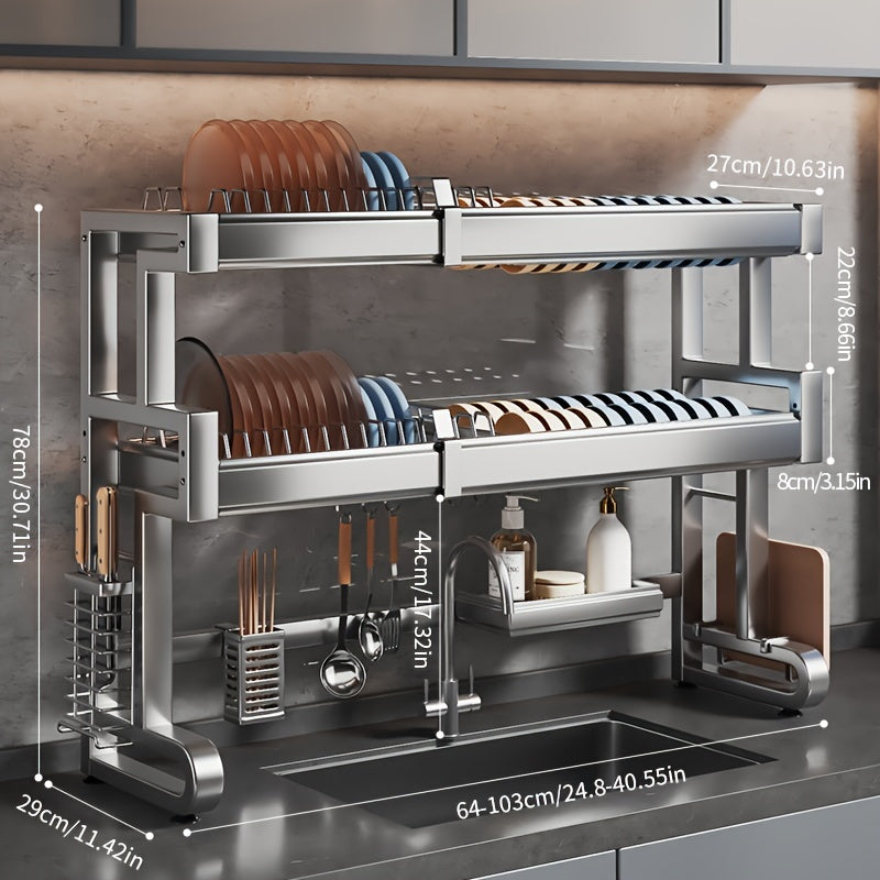 Telescopic 304 Stainless Steel Kitchen Sink Rack, Length Adjustable Cabinet Countertop Sink Dish Storage Rack