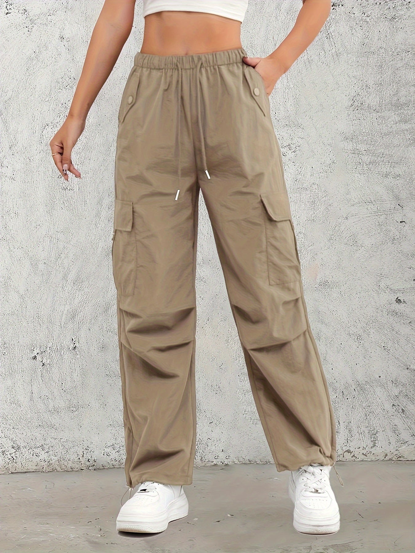 Women's High-Waist Cargo Pants with Elastic Drawstring Waistband, Multi-Pocket Design