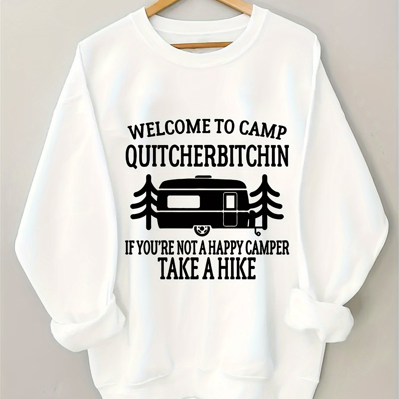 Women's Plus Size Crew Neck Pullover Sweatshirt - Alphabet Print "Welcome to Camp Quitcherbitchin" Graphic