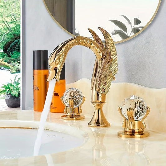 Bathroom Swan Basin Sink Faucet Golden 8-Inch 3 Hole 2 Crystal Handle Deck Mount